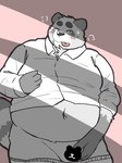 anthro belly big_belly blush bodily_fluids clothed clothing humanoid_hands kemono male navel overweight overweight_male partially_clothed shirt solo sweat tongue tongue_out topwear underwear underwear_down menmen_kesinn canid canine mammal raccoon_dog tanuki 2022 3:4 censored