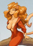2023 anthro blue_background branch breasts cleavage clothed clothing conditional_dnp eyes_closed felid feline female fur hair jollyjack jumpsuit mammal orange_hair simple_background sitting solo tan_body tan_fur unbuttoned wood
