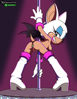 anthro anus bent_over boots breasts butt buttplug clothing dancing female footwear gloves handwear high_heeled_boots high_heels looking_at_viewer nipples nude plug_(sex_toy) pole pole_dancing presenting presenting_hindquarters sex_toy shoes smile solo tail wings vagabundovir2a1 sega sonic_the_hedgehog_(series) rouge_the_bat bat mammal 2025 absurd_res hi_res