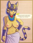 2021 5_fingers animal_crossing ankha_(animal_crossing) anthro big_breasts black_nose blue_eyes blue_eyeshadow blue_hair border breasts brown_border casual_exposure clothed clothing conditional_dnp dialogue digital_media_(artwork) domestic_cat dress egyptian egyptian_clothing english_text eyeshadow felid feline felis female fingers fur hair hand_on_hip header header_box hi_res kadath looking_at_viewer makeup mammal markings navel nintendo nipples open_mouth short_hair signature solo speech_bubble striped_markings striped_tail stripes tail tail_markings talking_to_viewer text text_header topless translucent translucent_hair uraeus usekh wristband yellow_body yellow_fur