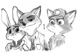 anthro arm_on_shoulder clothing female group hug male young young_anthro kokoro-tokoro disney zootopia judy_hopps nick_wilde canid canine fox lagomorph leporid mammal rabbit monochrome multiple_images sketch