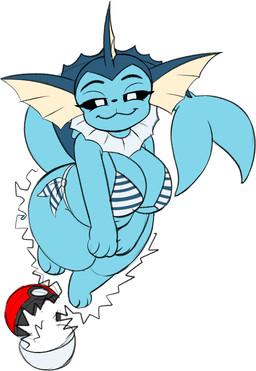 anthro anthrofied big_breasts bikini black_sclera blue_body breasts clothing eyebrows eyelashes feet female looking_at_viewer pattern_bikini pattern_clothing pattern_swimwear pokeball side-tie_bikini smug solo string_bikini striped_bikini striped_clothing striped_swimwear stripes swimwear two-piece_swimsuit wide_hips omegasunburst nintendo pokemon eeveelution generation_1_pokemon pokemon_(species) vaporeon 2025 colored_sketch sketch
