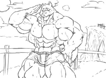 5_fingers abs anthro biceps big_muscles bodily_fluids bottomwear cliff clothed clothing cloud day exercise eyebrows fingers front_view fur huge_muscles humanoid_hands hyper hyper_muscles male manly muscular muscular_anthro muscular_arms muscular_male open_mouth outside pecs quads serratus shorts skimpy snout solo sun sweat topless triceps vein signirsol canid canine canis domestic_dog mammal 2014 black_and_white digital_drawing_(artwork) digital_media_(artwork) monochrome sketch