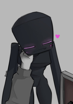ambiguous_gender black_body breasts clothing duo eyes_closed featureless_breasts featureless_crotch female heart_symbol larger_female leaning leaning_forward long_arms not_furry nude purple_eyes purple_mouth scratching scratching_head shield simple_background size_difference smile solo_focus square_(anatomy) square_head standing kaiartis microsoft minecraft mojang xbox_game_studios enderman human humanoid mammal absurd_res digital_media_(artwork) hi_res shaded