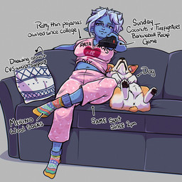 4_toes 5_fingers ambiguous_feral ambiguous_gender anus bangs bent_legs black_nose black_pawpads blue_body blue_eyes blue_hair blue_skin bottomwear breasts cleavage clothed clothed_female clothed_humanoid clothing controller directional_arrow duo ear_piercing eyelashes feet female feral fingers footwear fully_clothed fully_clothed_female fully_clothed_humanoid fur furniture grey_background hair holding_controller holding_object holding_remote_control humanoid_hands humanoid_pointy_ears light looking_at_viewer lying lying_on_sofa medium_breasts multicolored_body multicolored_clothing multicolored_footwear multicolored_fur multicolored_shirt multicolored_socks multicolored_topwear navel on_back on_sofa open_mouth outline pants pawpads piercing pillow pink_bottomwear pink_clothing pink_pajamas pink_pants pink_pupils pink_shirt pink_topwear pointy_ears pupils quadruped queen remote_control royalty shirt short_hair simple_background sitting sitting_on_sofa smile smiling_at_viewer socks sofa tail tan_body tan_fur tan_tail text text_on_clothing text_on_shirt text_on_topwear toes topwear two_tone_body two_tone_fur whisker_spots white_body white_fur white_outline white_pillow x_anus gaelfox beast_(gaelfox) gael_(gaelfox) canid canine canis domestic_dog herding_dog humanoid lich mammal pastoral_dog undead welsh_corgi 1:1 2026 artist_name colored digital_drawing_(artwork) digital_media_(artwork) english_description english_text hi_res lighting shaded