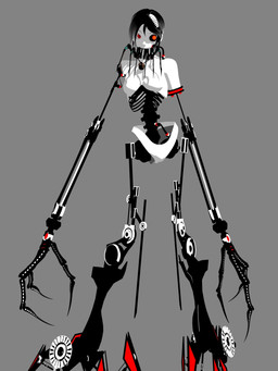 3_fingers black_hair breasts cybernetic_eye cybernetics featureless_crotch female fingers glowing glowing_eyes grey_background hair horror_(theme) jewelry long_arms long_fingers long_legs looking_aside machine mechanical_arm mechanical_leg medium_breasts necklace nipples not_furry red_eyes rib_cage short_hair simple_background skull_necklace solo spine standing white_body white_skin wide_hips wire deino_(artist) calne_ca humanoid robot robot_humanoid 2010 3:4 3d_(artwork) autodesk_3ds_max_(artwork) digital_media_(artwork) hi_res