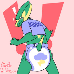 abdl ageplay ambiguous_gender anthro blush butt diaper exclamation_point fur green_body green_fur infantilism looking_at_viewer looking_back male rear_view roleplay simple_background solo tail yellow_body yellow_fur deer_in_a_onesie_(artist) nintendo pokemon electrike generation_3_pokemon pokemon_(species)