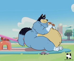 anthro belly big_belly big_butt butt food fur half-closed_eyes holding_food holding_hot_dog holding_object hot_dog looking_back male morbidly_obese morbidly_obese_anthro morbidly_obese_male narrowed_eyes navel nude obese obese_anthro obese_male overweight overweight_anthro overweight_male paws side_view sitting smile smirk solo tail thick_thighs wide_hips zangokunatenshi bluey_(series) bandit_heeler australian_cattle_dog canid canine canis cattledog domestic_dog herding_dog mammal pastoral_dog 2026 hi_res signature