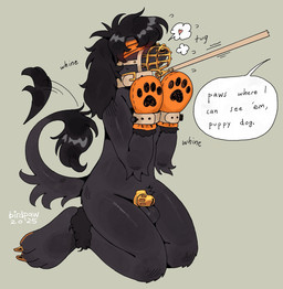 anthro arm_tuft balls bdsm blindfold blush bondage_gear bondage_gloves breath brown_balls brown_body brown_ears brown_fur brown_hair brown_tail brown_tail_tuft chastity_cage chastity_device clothing collar collar_pull dialogue elbow_tuft feet floppy_ears fur genitals gloves gold_(metal) gold_chastity_cage gold_chastity_device gold_muzzle hair handwear hindpaw kneeling leash leash_pull leashed_collar lop_ears male mittens mostly_nude mostly_nude_anthro mostly_nude_male muzzle_(object) muzzled offscreen_character orange_blindfold orange_clothing orange_gloves orange_handwear orange_mittens paws petplay puppyplay roleplay simple_background solo speech_bubble submissive submissive_anthro submissive_male tail tail_motion tail_tuft tailwag talking_to_another tan_background tan_collar tan_leash tuft whining birdpaw_(artist) arno_(sarcastickoopa) canid canine canis domestic_dog mammal 2025 digital_media_(artwork) full-length_portrait hi_res portrait nonbinary_(lore)