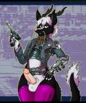 armor balls black_bars black_body black_fur clothing cyberpunk detailed_background erection femboy fur genitals gun hair handgun horn humanoid_genitalia humanoid_penis legwear long_hair long_tail luger male penis pink_nose ranged_weapon solo stockings tail thick_thighs uniball uniform weapon whiskers white_body white_fur wide_hips grostenmeiers asian_mythology east_asian_mythology mythology krauti_mercedes dragon eastern_dragon mythological_creature mythological_scalie scalie hi_res letterbox