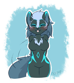 anthro blep breasts clone clothing eyes_closed female glowing military nude pose soldier solo tongue tongue_out uniform warrior octipop luna_(hunterx90) canid canine canis mammal wolf
