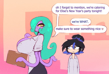anthro big_breasts black_hair blue_hair blue_highlights bottomwear breasts clipboard clothing dialogue duo female green_hair hair highlights_(coloring) huge_breasts multicolored_hair purple_body shirt short_hair speech_bubble tentacles text topwear wide_eyed yellow_sclera mysterydad karen_(mysterydad) viola_(mysterydad) aquatic cephalopod coleoid decapodiform human mammal mollusk squid english_text hi_res