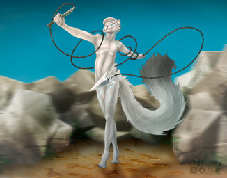 5_fingers 5_toes anthro biped caressing dancing feet fingers fluffy fluffy_tail fur hair holding_object holding_weapon long_tail male nature nude solo tail toes weapon white_body white_fur white_hair white_tail rory_vwv mammal mustelid musteline true_musteline weasel absurd_res hi_res watermark