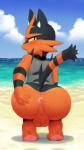 anthro anthrofied anus backsack balls beach big_butt black_body black_fur blush bodily_fluids butt butt_focus cheek_tuft claws cloud crouching detailed_background digital_media_(artwork) facial_tuft feet felid fur generation_7_pokemon genitals grey_body grey_fur heat_(temperature) hi_res hindpaw looking_at_viewer looking_back male mammal manene markings musk nintendo nude nude_beach open_mouth orange_eyes outdoor_nudity outside overheated pawpads paws perineum pokemon pokemon_(species) pokemorph presenting presenting_anus presenting_balls presenting_hindquarters rear_view red_anus red_balls red_body red_fur red_perineum sand sand_on_foot sea seaside simple_background sky soles solo spread_butt spreading steam striped_markings striped_tail stripes sweat sweaty_balls sweaty_butt sweaty_genitalia tail tail_markings teeth tongue torracat tuft water wet yellow_sclera