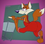 3_toes 4_fingers abstract_background anthro arched_back barefoot big_butt big_tail biped black_eyebrows black_eyes black_nose black_pawpads butt butt_focus butt_pose cheek_tuft clothed clothing curling_tail dipstick_tail eyebrows facial_tuft feet fingers floating_eyebrows fluffy fluffy_tail fur glance glancing_back half-closed_eyes huge_butt humanoid_heel lines_drawn looking_at_viewer looking_back looking_back_at_viewer male markings multicolored_body multicolored_fur narrowed_eyes orange_body orange_fur overalls overalls_only pawpads paws plantigrade pose raised_heel raised_tail rear_view red_clothing red_overalls shopping shopping_cart solo spine tail tail_markings tiptoes toes tools topless topless_anthro topless_male tuft two_tone_body two_tone_fur walking white_body white_fur white_sclera white_tail_tip wide_hips gavanzude payless_diy canid canine fox mammal red_fox true_fox 2023 colored digital_drawing_(artwork) digital_media_(artwork) flat_colors hi_res pinup signature
