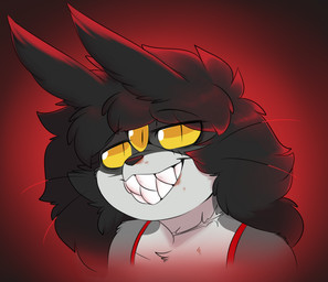 3_eyes anthro black_hair black_nose female fur grey_body grey_fur hair looking_at_viewer multi_eye red_background sharp_teeth simple_background smile solo teeth whiskers robertge jason_markova demon domestic_cat felid feline felis mammal 2025 bust_portrait portrait