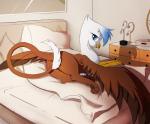 ambiguous_gender bed bedroom blue_eyes feral furniture inside looking_at_viewer looking_back lying on_bed on_side open_mouth solo wings eryz hasbro my_little_pony mythology fan_character avian gryphon mammal mythological_avian mythological_creature hi_res