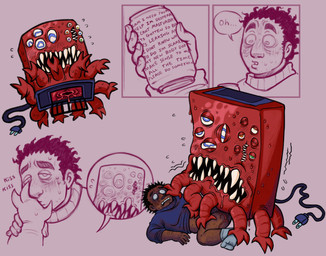 2_mouths 3_toes 5_fingers anus anus_focus blue_clothing blue_sweater blue_topwear blush bodily_fluids bottomless bottomless_male can clothed clothing container drooling duo feet female fingers foot_fetish foot_grab foot_play holding_can holding_container holding_object holding_soda interspecies kiss_on_foot kissing machine male male/female multi_eye multi_leg multi_limb multi_mouth nervous not_furry plug purple_background purple_text red_body red_skin saliva sharp_teeth simple_background speech_bubble spiral spiral_eyes squinted_eyes sweat sweater sweaty_face teeth text toes topwear vending_machine ickystickypink look_outside audrey_(look_outside) sam_(look_outside) animate_inanimate flesh_creature human mammal monster 2026 absurd_res clip_studio_paint_(artwork) digital_drawing_(artwork) digital_media_(artwork) english_description english_text hi_res