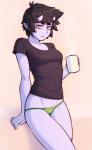 black_hair breasts clothed clothing container cup eyelashes female hair holding_container holding_cup holding_object horn humanoid_pointy_ears looking_at_viewer not_furry orange_eyes panties pointy_ears purple_body purple_skin shirt short_hair solo topwear underwear ittla asian_mythology east_asian_mythology japanese_mythology mythology ume_(ittla) demon humanoid oni yokai hi_res