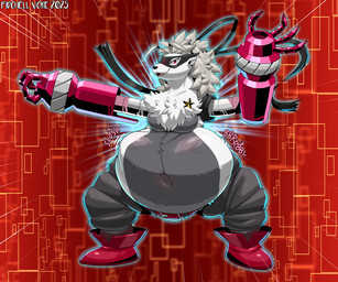 anthro belly belt big_belly big_navel boots breasts clothing cybernetic_arm cybernetic_limb fangs featureless_breasts female footwear fur grey_body grey_fur grey_hair hair mask mechanical_arm navel navel_stretch open_mouth prey_outline red_eyes rumbling_stomach shoes sloshing_belly solo teeth text thick_thighs vore white_body white_fur fidchellvore bandai_namco digimon digimon_beatbreak digimon_(species) mammal wolvermon 2025 artist_name digital_media_(artwork)