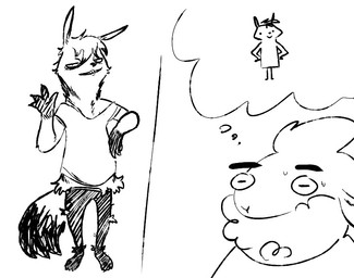 2_panel_comic 4_fingers ambiguous_gender anthro barefoot bodily_fluids clothed clothing dipstick_tail duo feet fingers fully_clothed fur gesture gloves_(marking) half-closed_eyes legwear mane markings narrowed_eyes shirt simple_background standing stockings striped_body striped_fur stripes sweat sweatdrop tail tail_markings thought_bubble topwear waving wool_(fur) the_weaver pack_street anneke_(weaver) remmy_cormo aardwolf bovid caprine hyena mammal sheep 2026 comic digital_drawing_(artwork) digital_media_(artwork) monochrome