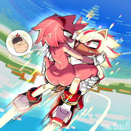 accessory anthro balls big_penis blush bodily_fluids bottomwear butt clothing crop_top duo female flying footwear fur genitals gloves green_eyes hair_accessory hairband handwear lake leg_warmers legwear male male/female neonate orange_sky palm_tree penis plant red_eyes sex shirt shoes sky smile sweat tail topwear tree yellow_body yellow_fur young stagbeetle_(artist) sega sonic_the_hedgehog_(series) amy_rose shadow_the_hedgehog super_shadow eulipotyphlan hedgehog mammal 1:1 hi_res