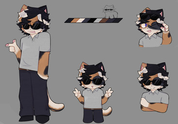 anthro belt black_clothing clothed clothing collared_shirt crossed_arms eyes_closed eyewear footwear formal_wear fully_clothed fur gesture glasses grey_background hair hand_gesture happy looking_away male messy_hair multicolored_body multicolored_fur multicolored_hair multicolored_tail one_eye_closed open_mouth orange_hair pointing polo_shirt purple_eyes shirt shoes simple_background solo standing sunglasses tail topwear waving white_hair wink corruptedviruz the_calico_(ricey_feline) calico_cat domestic_cat felid feline felis mammal 2023 model_sheet
