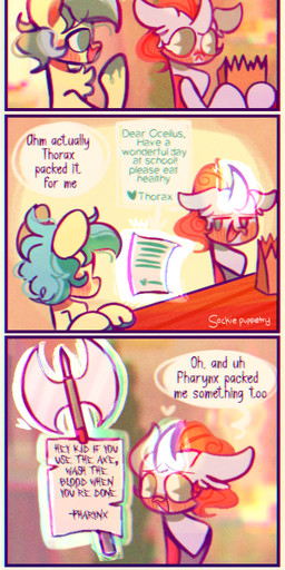 axe bag blue_body blush bodily_fluids dialogue double_bitted_axe female furniture green_body green_eyes green_hair hair heart_symbol humor male melee_weapon note sweat sweatdrop table text weapon sockiepuppetry friendship_is_magic hasbro my_little_pony ocellus_(mlp) sandbar_(mlp) arthropod changeling_(mlp) earth_pony equid equine horse mammal pony reformed_changeling 2022 comic digital_media_(artwork) english_text signature