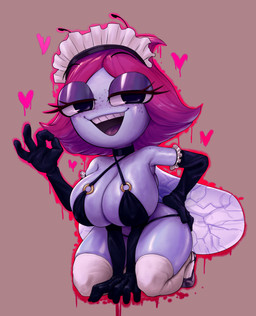 4_arms 4_fingers antennae_(anatomy) anthro armwear big_breasts blush breasts clothing elbow_gloves female fingers footwear freckles gesture gesturing_at_viewer gloves hair half-closed_eyes hand_on_hip handwear heart_symbol knee_highs knee_socks kneeling legwear looking_at_viewer maid_hat multi_arm multi_limb narrowed_eyes open_mouth pink_hair shoes shortstack socks solo teeth tongue wings unknown_artist disney the_buzz_on_maggie maggie_pesky arthropod fly_(animal) insect hi_res