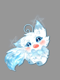 ambiguous_gender blue_body blue_eyes blue_fur blush chibi feral fur grey_background kemono open_mouth simple_background sitting solo white_body white_fur deaic canid canine fox mammal 2017 3:4