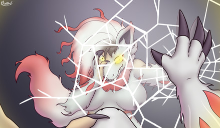 anthro areola bared_teeth big_breasts black_areola black_nipples bodily_fluids breasts brown_hair claws clutching_head cracked_glass drooling female female_pov finger_claws first_person_view fur gender_transformation glowing glowing_eyes grey_body grey_fur hair highlights_(coloring) human_to_anthro identity_death looking_at_self male mid_transformation mirror mirror_reflection mtf_transformation nipples red_highlights reflection saliva simple_background snarling solo species_transformation takeover transformation white_hair yellow_eyes yellow_sclera diethyl nintendo pokemon pokemon_legends_arceus canid generation_8_pokemon hisuian_form hisuian_zoroark human mammal pokemon_(species) regional_form_(pokemon)