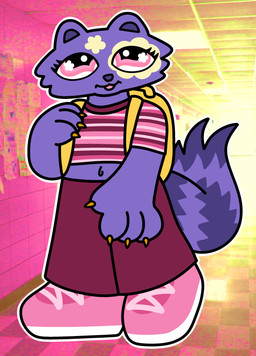 2000s_theme alternate_form ambiguous_gender anthro anthrofied backpack bottomwear claws clothed clothing crop_top finger_claws footwear markings navel pants shirt shoes smile sneakers solo striped_markings striped_tail stripes superflat tail tail_markings toony topwear y2k_(fashion) perfectoranges hasbro littlest_pet_shop lps_597 mammal procyonid raccoon absurd_res hi_res mixed_media pink_theme