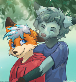 anthro bite blue_clothing blue_eyes blue_hair clothed clothing duo ear_bite eyes_closed fur green_body green_fur green_hair hair hand_holding male male/male multicolored_body multicolored_fur multicolored_hair plant red_body red_clothing red_fur simple_background smile tree white_hair xleb0rezka canid canine fox mammal 2022 digital_media_(artwork) hi_res watermark