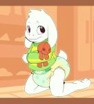 animal_plushie anthro baby blush clean_diaper clothed clothing diaper floral floral_diaper floral_pattern floral_print fur head_print holding_object holding_plushie kemono kneeling male pattern_diaper plushie print_diaper red_eyes solo wearing_diaper white_body white_fur young young_anthro young_male bubblepuppers undertale undertale_(series) asriel_dreemurr boss_monster_(undertale) bovid caprine inanimate_object mammal hi_res