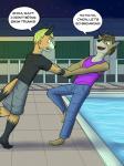 3:4 anthro canid canine casey_ramser clothed clothing comic deer dialogue duo english_text fox fully_clothed fuze hi_res male mammal rick_(texnatsu) swimming_pool texnatsu text water