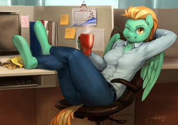 anthro anthrofied belt biped calendar chair chips_(food) clothed clothing container cubicle cup desk electronics feathered_wings feathers female food furniture green_body green_feathers grin hair hand_behind_head holding_container holding_cup holding_object inside keyboard looking_at_viewer monitor office office_chair one_eye_closed paper sitting smile solo table wings wink audrarius friendship_is_magic hasbro my_little_pony mythology lightning_dust_(mlp) equid equine mammal mythological_creature mythological_equine pegasus 2016 hi_res