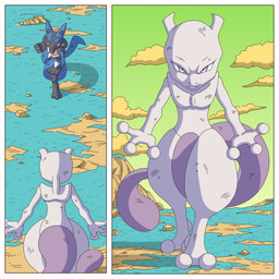 ambiguous_gender angry anthro blue_body blue_fur duo fur smile tail ragster_(artist) nintendo pokemon canid canine generation_1_pokemon generation_4_pokemon legendary_pokemon lucario mammal mewtwo pokemon_(species) 1:1 comic digital_media_(artwork) hi_res