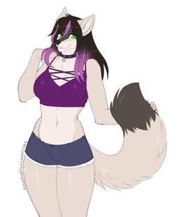 anthro biped black_nose bottomwear breasts brown_hair clothed clothing collar collar_tag denim denim_clothing dipstick_tail female fully_clothed fur green_eyes hair highlights_(coloring) looking_at_viewer markings midriff multicolored_tail navel pink_highlights purple_bottomwear purple_clothing purple_collar purple_shorts purple_topwear shorts simple_background smile snout solo standing tail tail_markings tan_body tan_ears tan_fur tan_tail thick_thighs tight_clothing topwear two_tone_tail white_background year kitsunewaffles-chan kyoko_komurasaki canid canine canis mammal wolf 2018 dated digital_media_(artwork) shaded