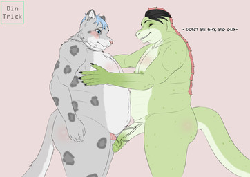 anthro areola belly big_penis black_hair blue_eyes blue_hair blush claws double_chin duo embarrassed frottage fupa fur genitals glans green_body grey_body grey_fur hair male male/male markings moobs navel nipples overweight overweight_anthro overweight_male penile penis penises_touching pink_nose sex small_penis spots spotted_body tail vein veiny_penis yellow_eyes dintrick dinosaur felid mammal pantherine prehistoric_species reptile scalie snow_leopard absurd_res hi_res