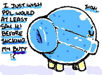 ambiguous_gender anus anus_only armless big_anus black_text blue_body blush candy dessert dialogue eyes_closed food huge_anus legless lollipop monotone_body not_furry puffy_anus sigh solo squigglevision text three-quarter_view y_anus yellow_blush ligma_(artist) animate_inanimate food_creature 2025 animated digital_media_(artwork) english_text flat_colors low_res wigglypaint_(artwork)