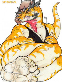 5_toes anthro bent_legs big_breasts black_bra black_clothing black_sclera black_underwear bra breasts cleavage clothed clothing colored_nails countershade_body countershade_scales countershading cracks facial_spikes feet female foot_focus frill_(anatomy) head_crest head_spikes helmet_(anatomy) jaw_spikes looking_at_viewer lying multicolored_body nails on_side orange_nails orange_pupils orange_toenails plantigrade pupils scales scar simple_background soles solo spikes spikes_(anatomy) tail toenails toes tongue tongue_out underwear white_background white_body white_feet wrinkled_feet wrinkles yellow_body zabraxas dinosaur marginocephalian ornithischian pachycephalosaurid pachycephalosaurus prehistoric_species reptile scalie hi_res watermark