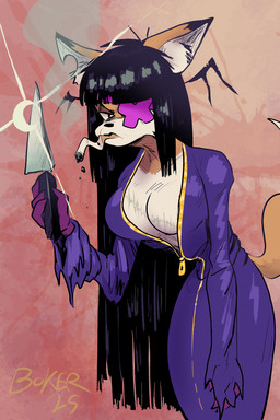 alternative_fashion anthro bangs bat_wings big_breasts breasts chest_scar cigarette cleavage clothed clothing dress eye_patch eyewear female fur glistening goth grumpy hair head_wings knife long_hair looking_at_viewer mature_anthro mature_female membrane_(anatomy) membranous_wings notched_ear orange_body orange_fur purple_body purple_clothing purple_dress purple_fur scar slouching small_waist smoke smoking solo tail text unusual_wing_placement white_body white_fur wings boker grimselda_(boker) bat-eared_fox canid canine fox mammal 2:3 artist_name digital_media_(artwork) english_text signature