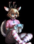 anthro antlers blonde_hair blue_eyes brown_body brown_fur clothed clothing collar collar_tag crossdressing femboy fur gaming hair horn legwear male pink_clothing pink_shirt pink_topwear shirt solo stockings topwear white_body white_fur conquart canid canine canis deer domestic_dog husky hybrid mammal nordic_sled_dog spitz absurd_res alpha_channel hi_res