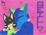 anthro blue_body blue_fur collar ear_piercing fur green_ears heart_symbol hug multicolored_body multicolored_fur piercing pink_collar plushie solo tongue bayzan_(artist) reilly canid canine canis domestic_dog husky mammal nordic_sled_dog spitz 2015 bust_portrait portrait traditional_media_(artwork)