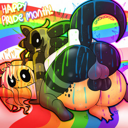 anthro balls big_butt biped black_body black_sclera black_tail blonde_hair bottomless butt clothed clothing duo eyelashes feet femboy footwear freckles genitals grey_hair hair heart_symbol horn kneeling leg_markings lgbt_pride looking_at_viewer looking_back lying male male/male markings monotone_body on_back on_bottom on_top outline paint rear_view socks socks_(marking) tail text thick_thighs three-quarter_view white_eyes yellow_body oxyoxyoxyox lgbt_pride_month licorice_(oxyoxyoxyox) toffee_(oxyoxyoxyox) amphibian aquatic axolotl deer mammal mole_salamander salamander 1:1 2025 artist_name digital_drawing_(artwork) digital_media_(artwork) english_text hi_res