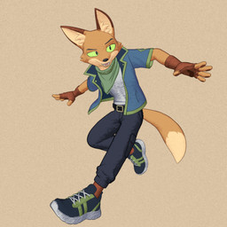 5_fingers anthro belt black_nose blue_bottomwear blue_clothing blue_pants blue_topwear bottomwear brown_clothing brown_handwear clothed clothing dipstick_tail eyebrows fingerless_gloves fingers footwear fully_clothed gloves green_clothing green_footwear green_kerchief green_neckerchief handwear kerchief markings multicolored_clothing multicolored_footwear neckerchief neckwear open_mouth pants tail tail_markings teeth topwear nukorio canid canine fox mammal 1:1