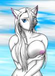 abstract_background anthro big_breasts biped blue_eyes breasts clothed clothing eye_through_hair female hair hair_over_eye holding_breast long_hair looking_at_viewer nipples one_eye_obstructed paws simple_background solo standing topless translucent translucent_hair white_hair gtoyaannno mericella angel domestic_cat felid feline felis mammal