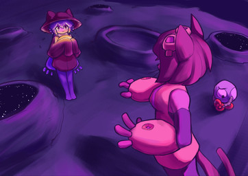 anthro big_hands blush bodysuit clothing crater crossed_arms embarrassed female from_behind_position fur group hair hat headgear headwear hoodie jacket looking_at_another lunar machine male mechanical_arms moon nervous open_hands pawpads pink_hair purple_background purple_hair science_fiction sex short_female simple_background size_difference skinsuit sky space standing star starry_sky tall_female thick_thighs tight_clothing topwear trio wide_hips witch_hat ikino_darkino gameoverse glitch_productions oneshot kaboodle_(gameoverse) kit_bodega niko_(oneshot) felid feline mammal robot crossover digital_media_(artwork) hi_res