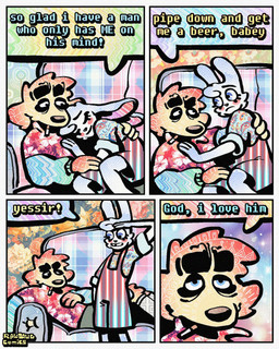4_panel_comic aloha_shirt anthro bottomwear cheek_spots cigarette cigarette_in_mouth clothing cuddling dialogue duo ears_down floppy_ears fur half-closed_eyes humor male narrowed_eyes object_in_mouth overalls pattern_clothing pattern_shirt pattern_topwear pivoted_ears shirt shorts smile smoking_tobacco speech_bubble teeth text tooth_gap topwear white_body white_fur wide_eyed yellow_body yellow_fur rawdawgcomics bingus_(rawdawgcomics) stahli_(rawdawgcomics) bird_dog canid canine canis domestic_dog golden_retriever hunting_dog lagomorph leporid mammal rabbit retriever 4:5 comic digital_media_(artwork) english_text hi_res