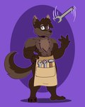abs abstract_background anthro apron apron_only brown_body brown_fur chest_tuft claws clothing countershade_face countershade_torso countershading dipstick_ears ear_markings fur green_eyes hammer head_tuft male multicolored_ears muscular pecs solo tail tools tuft wrench blen_bodega rocky_(hajimesbeginning) canid canine canis mammal wolf 4:5 absurd_res hi_res